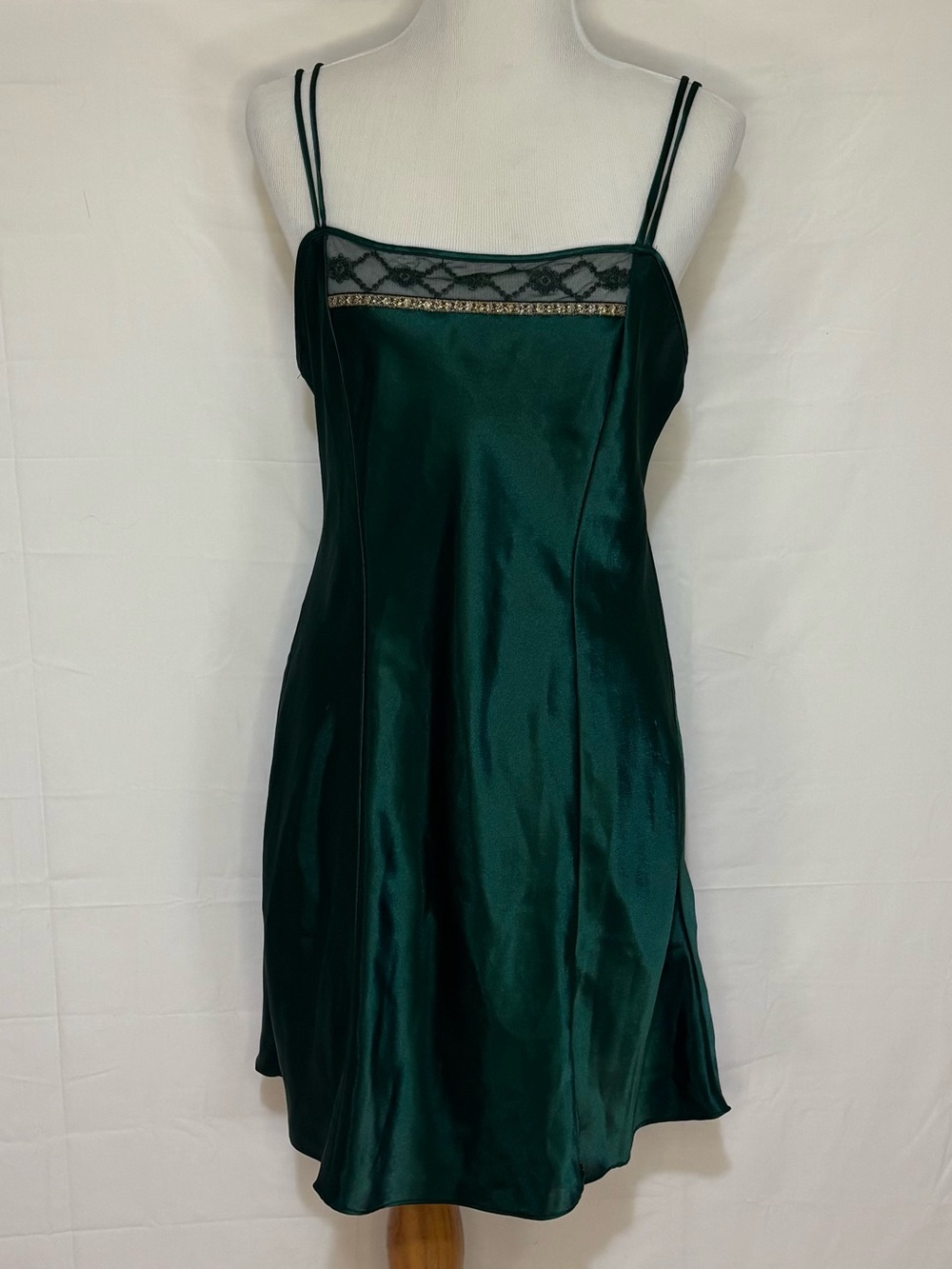 delicates Emerald Green Satin Slip Dress with Lace Trim